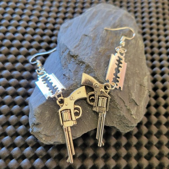 Punk Earrings - Gun & Razor Blade Charms NWOT - Picture 4 of 8